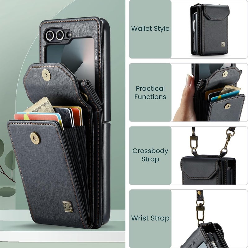 ASAPDOS Crossbody Case Compatible with Samsung Galaxy Z Flip 6/Z Flip 7 FE,Retro PU Leather Strap Wristlet Flip Case with Magnetic Closure and Card Holder for Men Women Black - Image 2